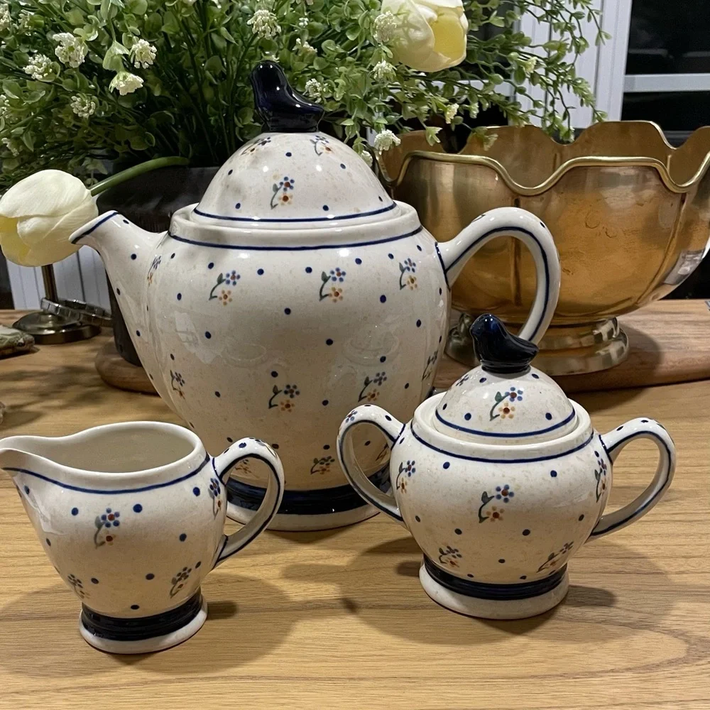 Blue Rose Polish Pottery Country Meadow 3 PC Coffee Pot Set with Bird Topper